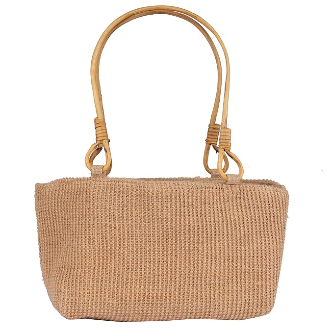 VANITY BAG／brown leather × jute Jute Vanity Bag with Wooden Handle – Eco-Friendly, Stylish, and
